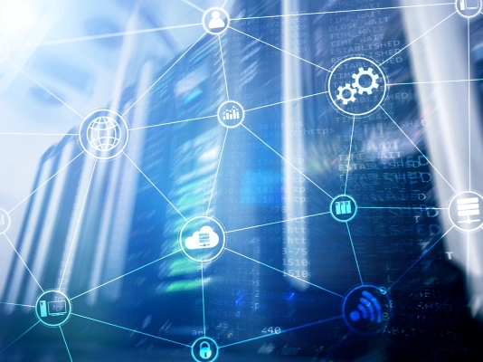Technology infrastructure connecting cloud computing, communications and business networks.