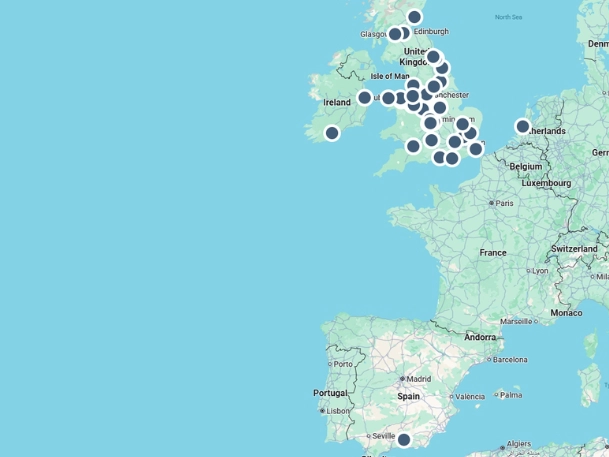 Map showing Layer 4 customer locations across the UK, Ireland, the Netherlands and Spain
