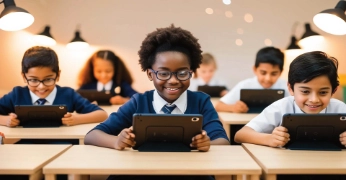 School pupils using tablets in a classroom